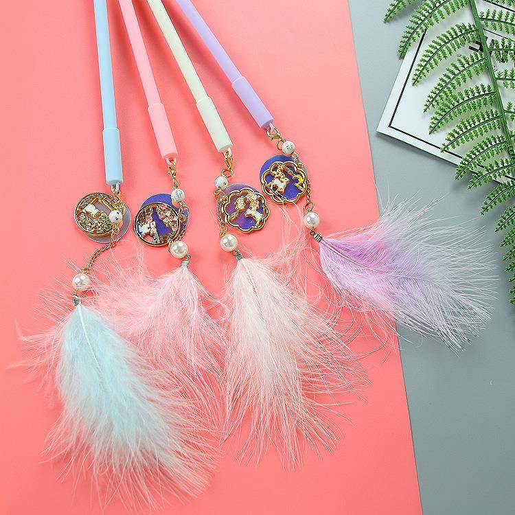 创意羽毛挂件笔复古镀金窗花画艺吊坠中性笔高颜值文具学生水性笔