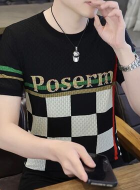 2026年春夏新款男士字母格子休闲圆领男士冰丝短袖百搭时尚轻奢