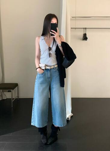 五折【LC】26春季新款经典蓝八分阔腿裤牛仔裤(配腰带,配件)92013