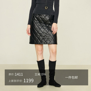 JIXICHEN 中腰包臀半裙 进口绵羊皮黑色菱格皮半身裙气质显瘦新款