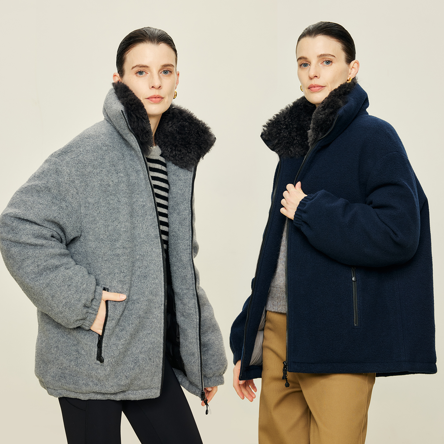 JIXICHEN 羊毛皮毛一体领/羊毛摇粒绒面料95白鹅绒M1U系羽绒服