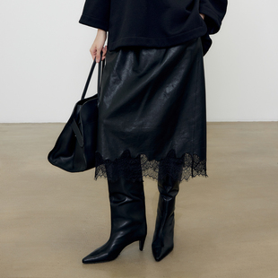 JIXICHEN 羊毛拼接蕾丝a字裙棉羊皮革高腰显瘦蕾丝半裙 时髦秀场