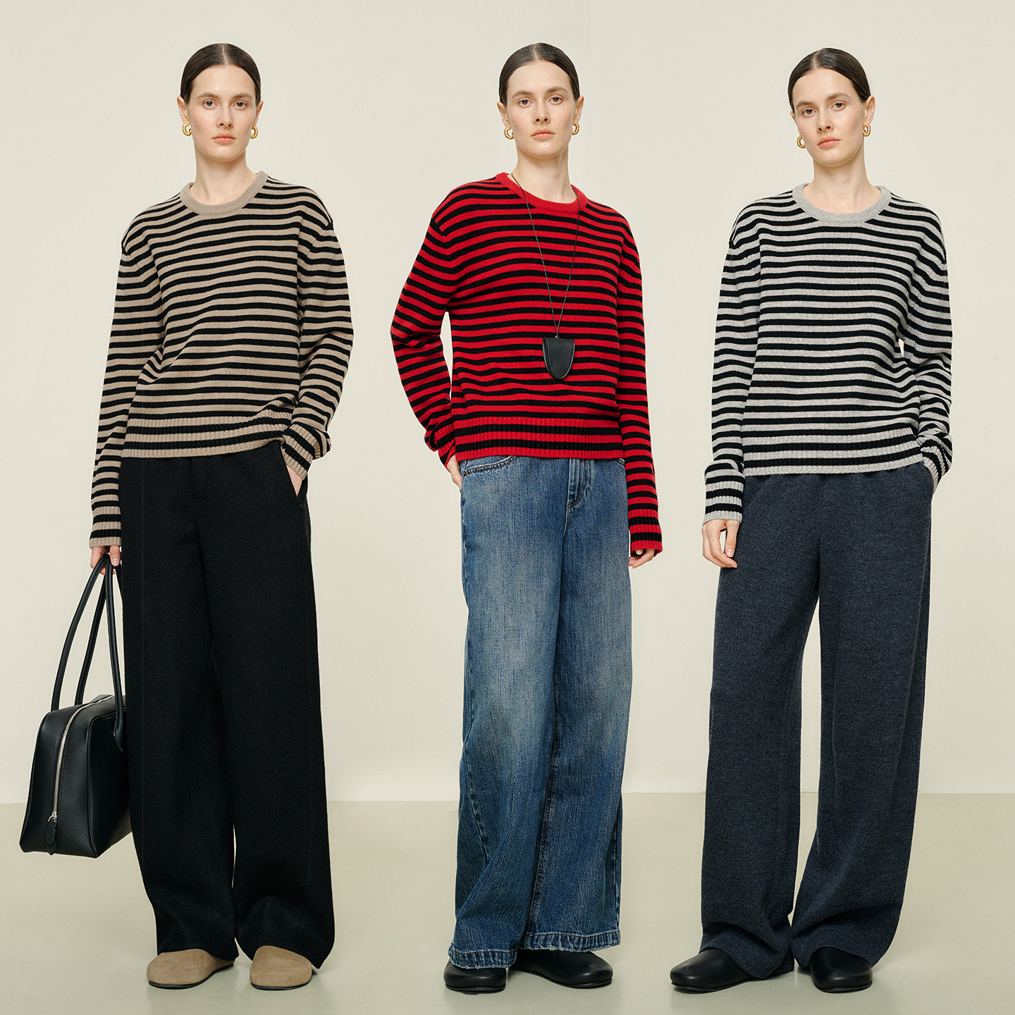 JIXICHEN 条纹温语强推B入极细柔软绵羊毛宽松佰搭小廓形针织毛衣