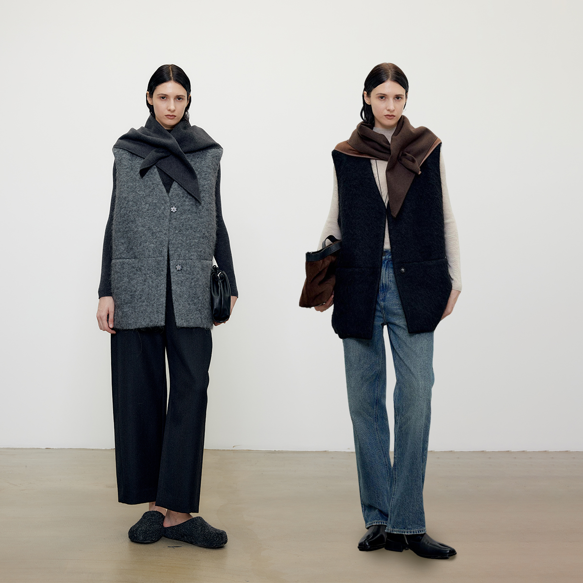 JIXICHEN 时髦叠穿 混色羊驼毛高定简约V领显瘦无袖马夹毛呢外套