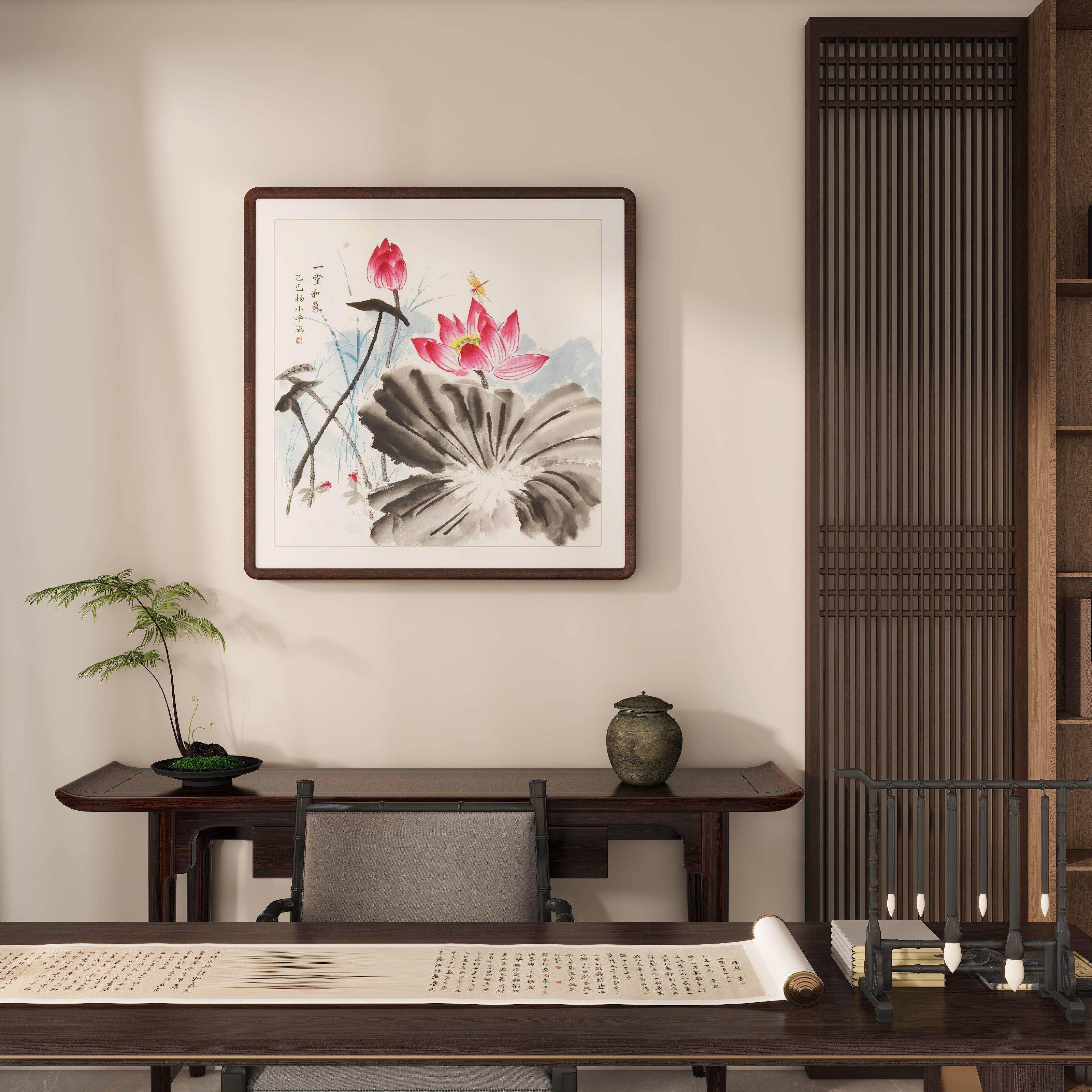 纯手绘荷花新中式客厅挂画餐厅装饰画斗方国画梅花小品花鸟莲鱼图