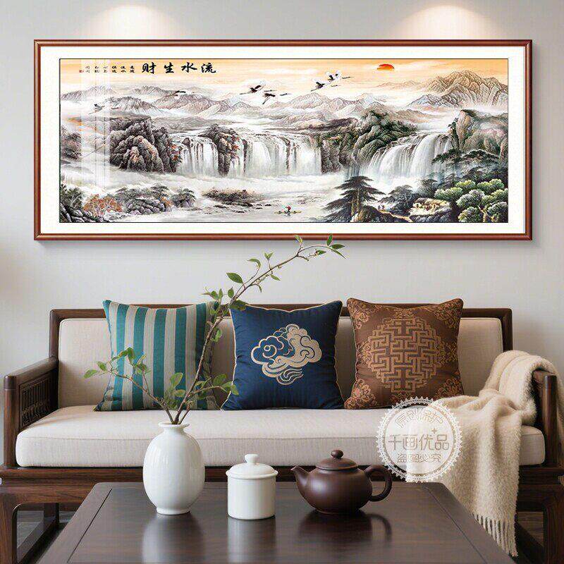 流水生财山水画客厅挂画聚宝盆国画办公室装饰画沙发背景墙壁画