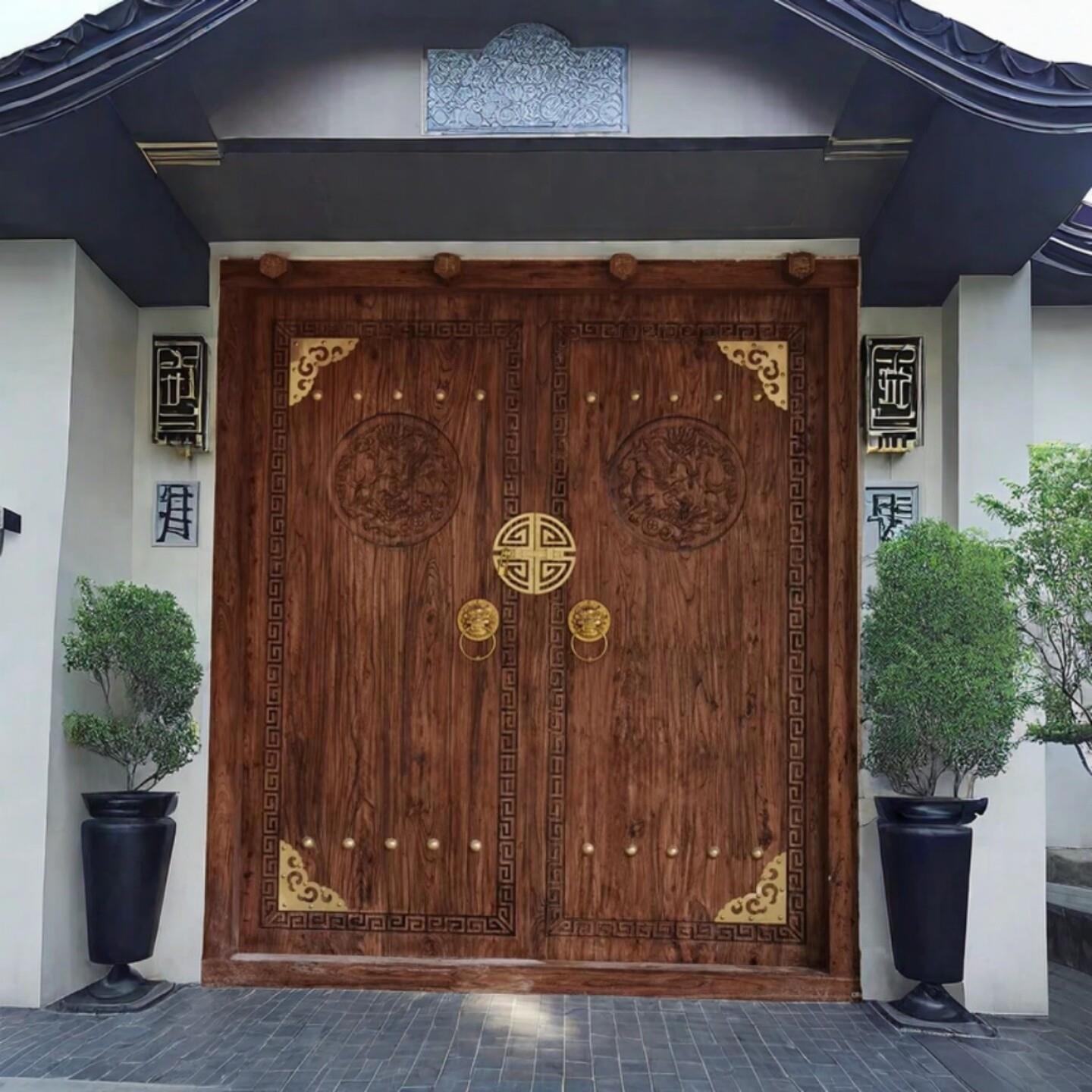 老榆木中式实木大门自建房围墙庭院子仿古木门老式农村别墅双开门