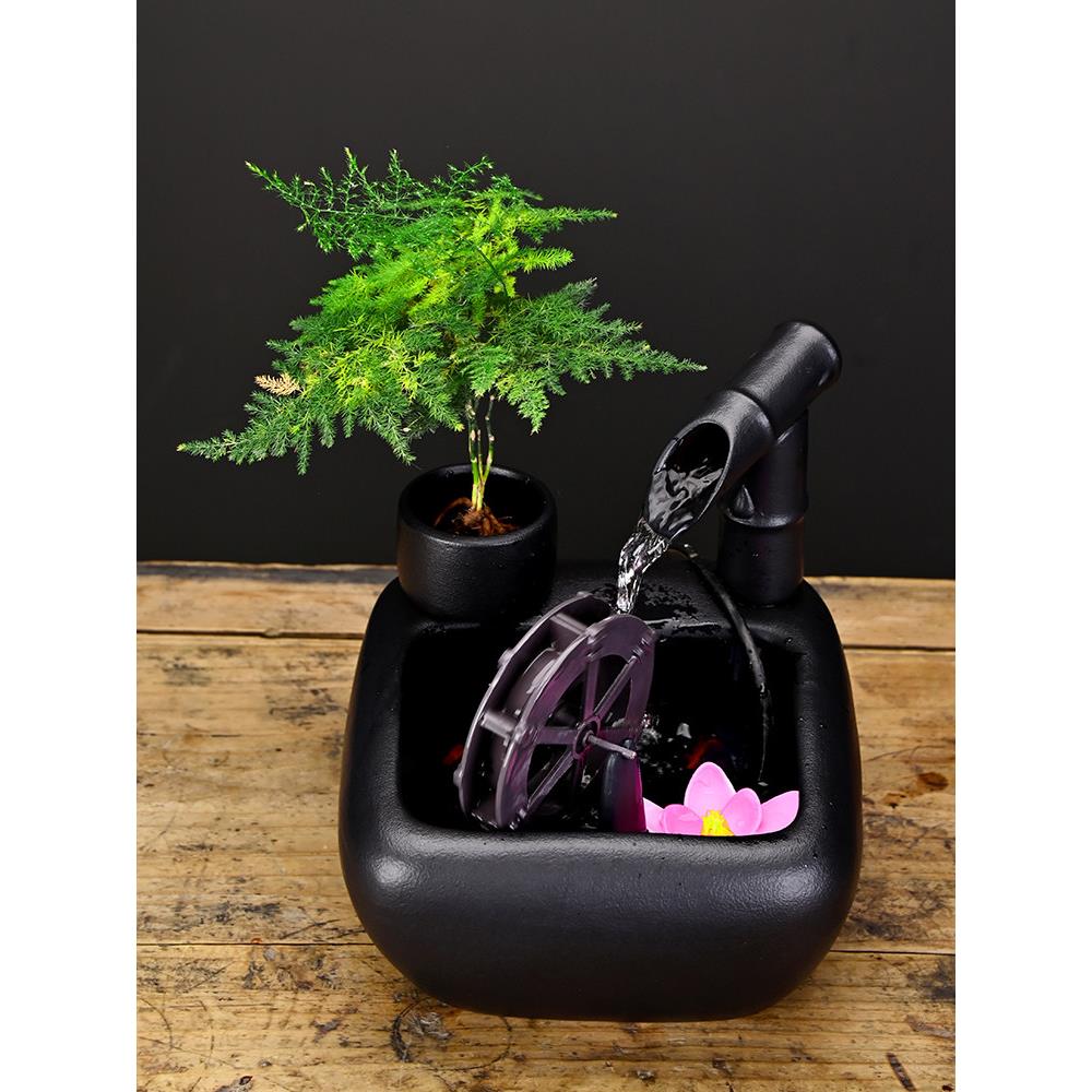 陶瓷竹节水车流水摆件风水轮转小喷泉桌面循环水养鱼景观