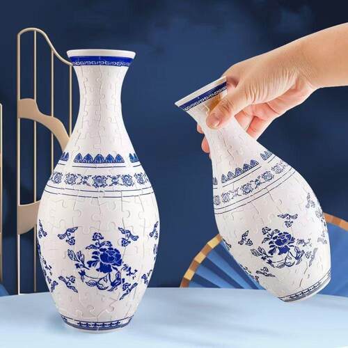 拼图花瓶3D彷古青花玲珑瓶子新中式客厅家居插花博古架装饰摆饰