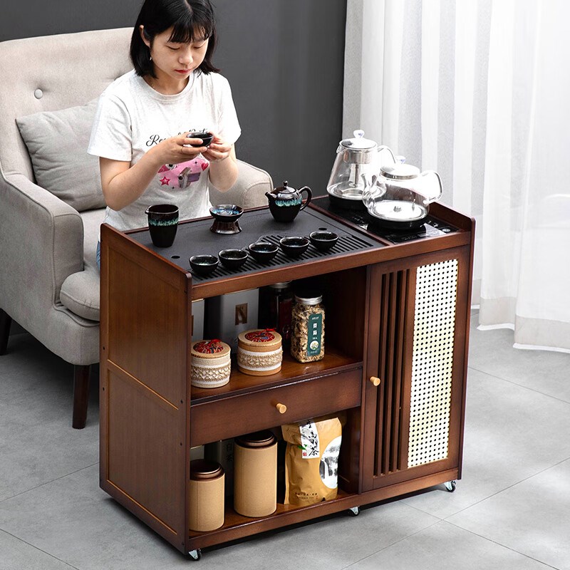 新中式移动小茶台桌家用茶车带轮煮泡茶烧K水壶一体茶几客厅茶水