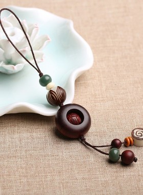 小叶紫檀木血檀平安o扣莲花男女转运珠创意手机链挂件饰U盘钥款扣