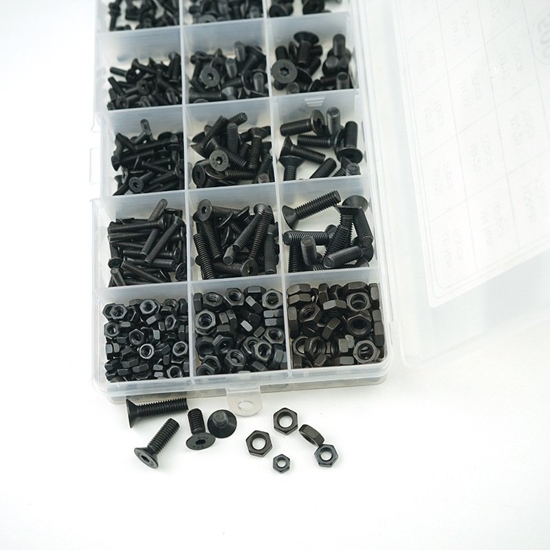 500pcs M3 M4 M5 黑色高强度 沉头内六角螺丝配螺母组合套装盒装