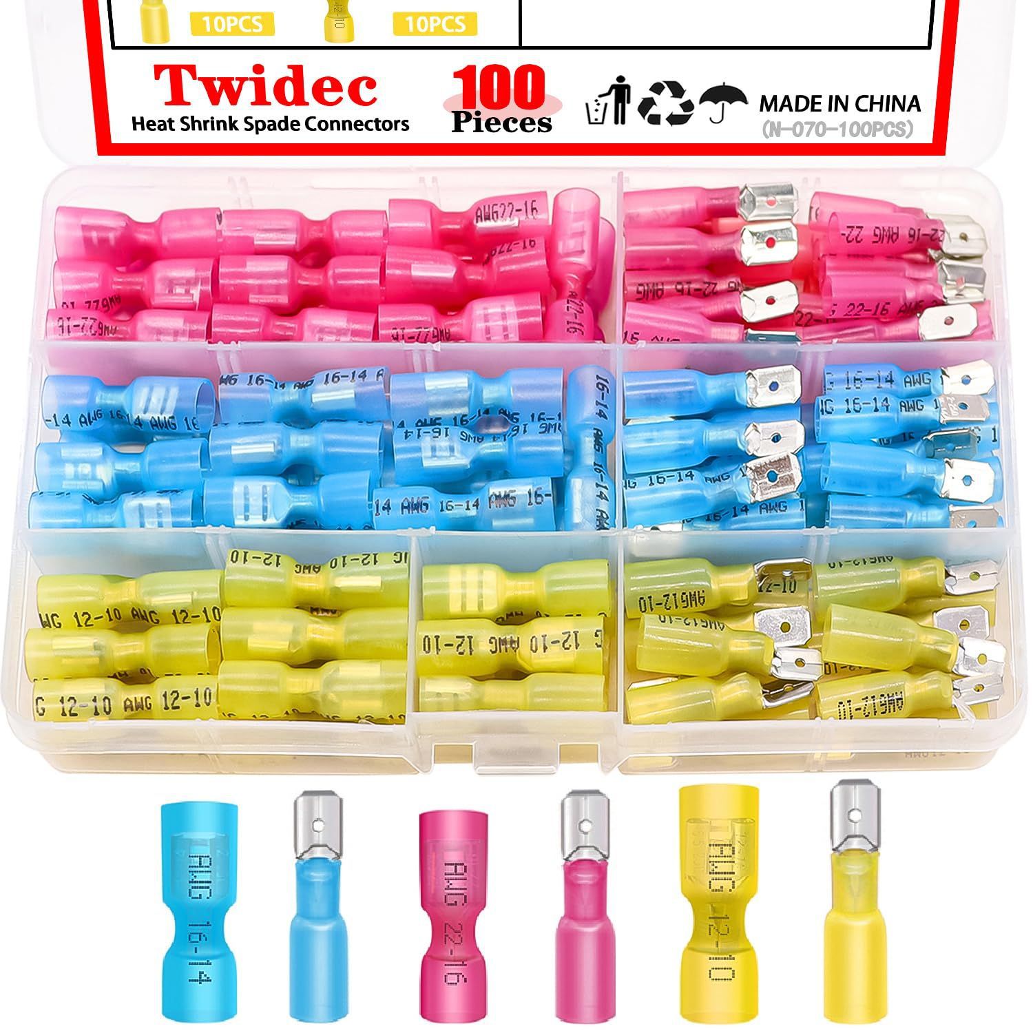 100pcs 盒装防水预绝缘热缩端子 热缩插片公母端子线接头连接器