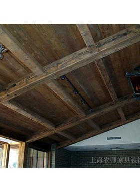 木头定做别墅原木老榆木松木装饰餐厅吊顶假梁空心U型假木梁格栅