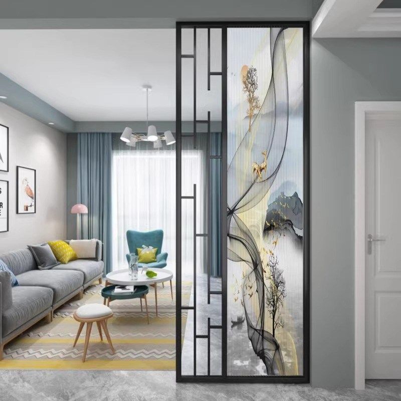 不锈钢隔断客厅入户门铁艺玄关柜半墙艺术玻璃屏风简约现代铝合金