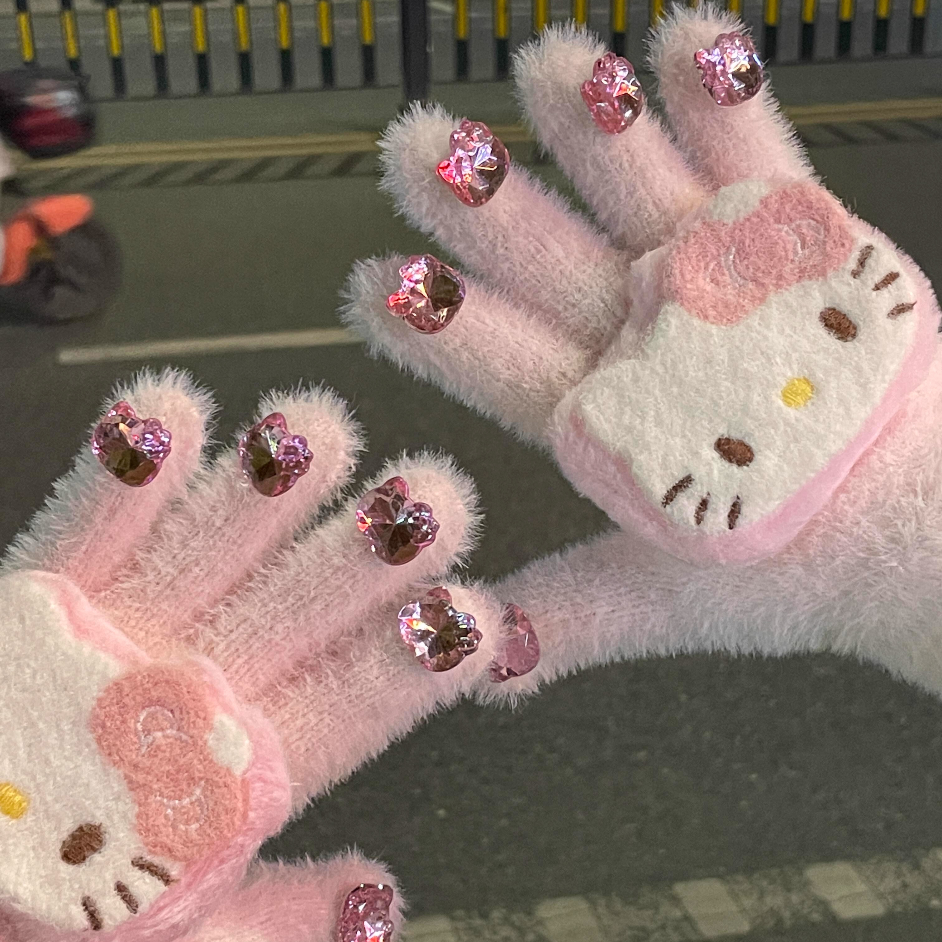 可爱KT水钻毛绒分指露指触屏儿童手套女冬季防寒防风保暖加厚