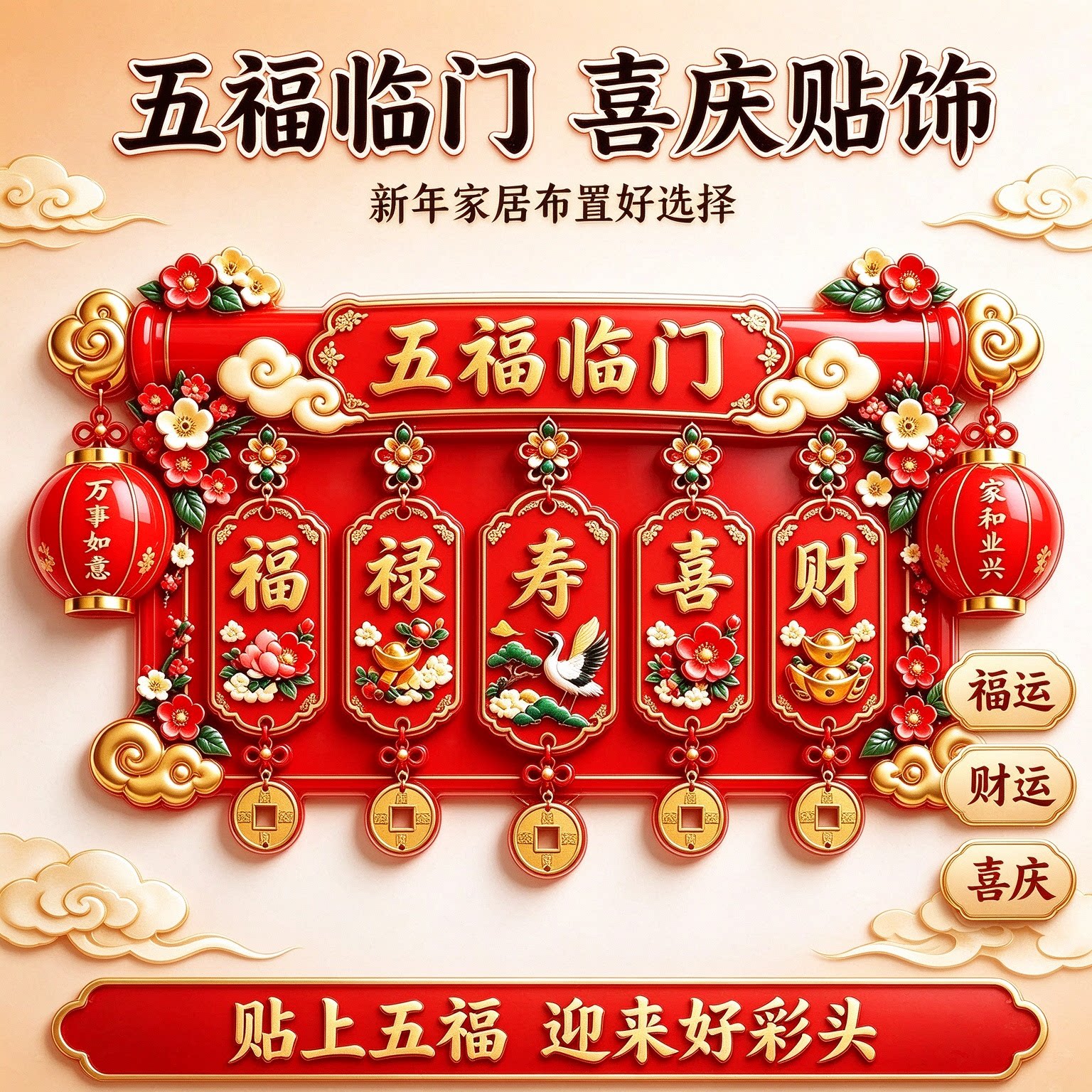 亚克力五福临门磁吸不留胶冰箱贴