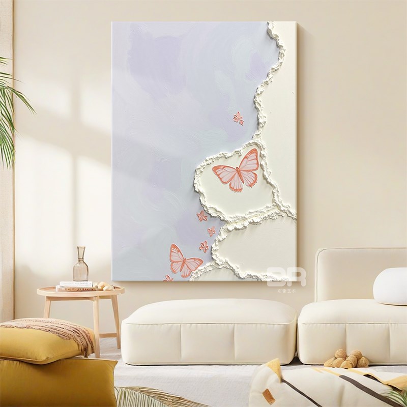白色石英砂肌理手绘油画奶油风艺术客厅装饰画小清新蝴蝶玄关挂画
