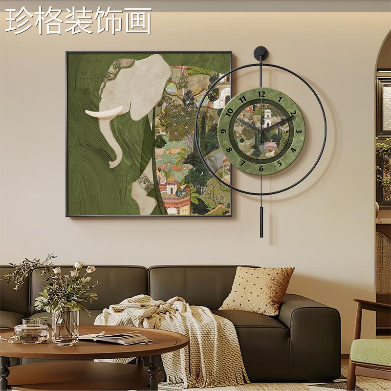 中古风H0619143大象餐厅壁装饰画复古动物高感餐景桌背墙挂画挂钟图片