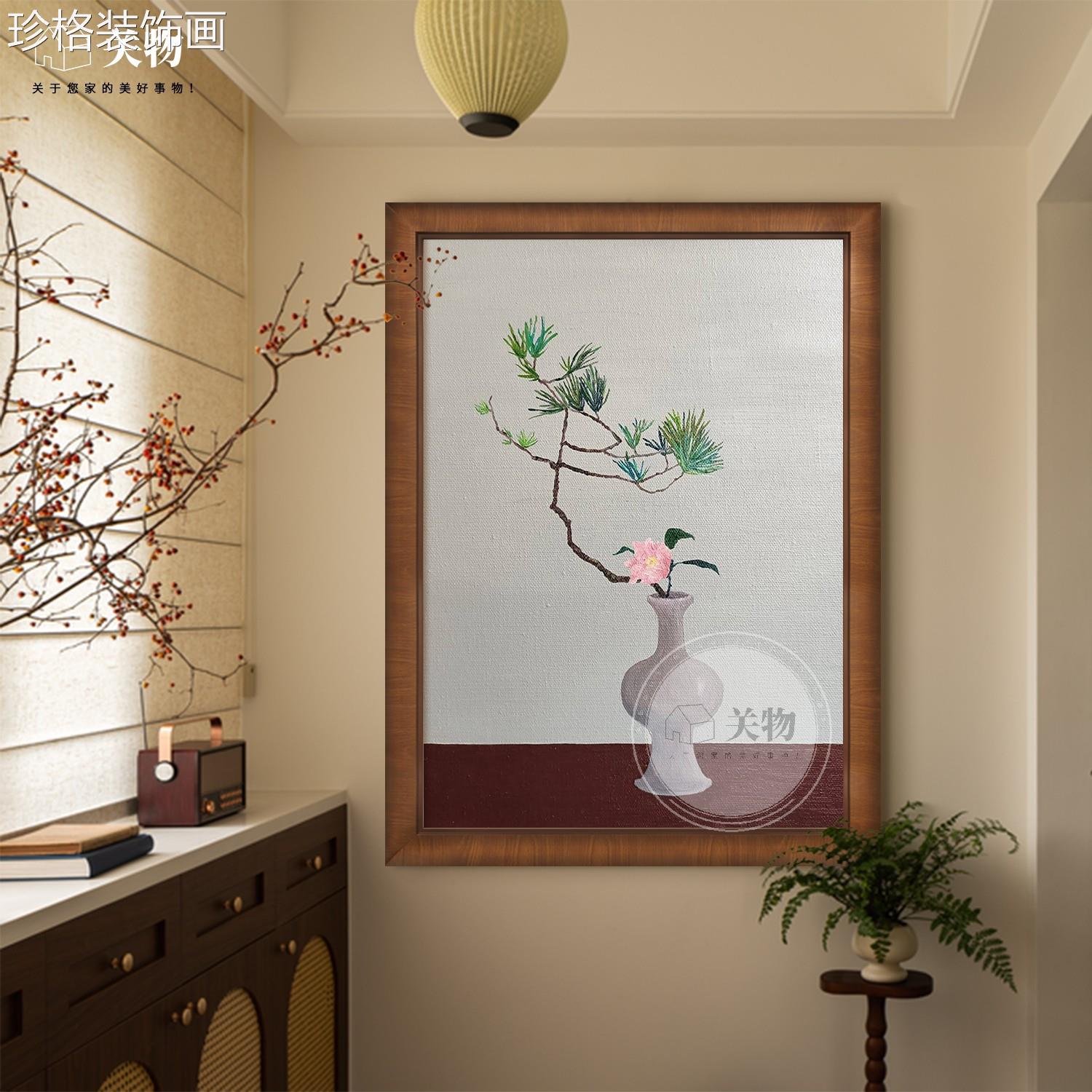 新中式古桃花花瓶纯手绘油gw40503画 画玄关背景墙原木装饰 画画
