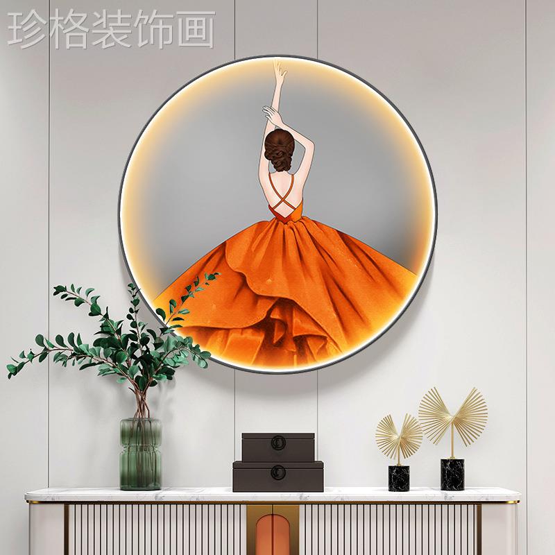 现代简约轻奢玄关圆形人物装饰画美容院走廊壁画LED灯光美女挂画图片