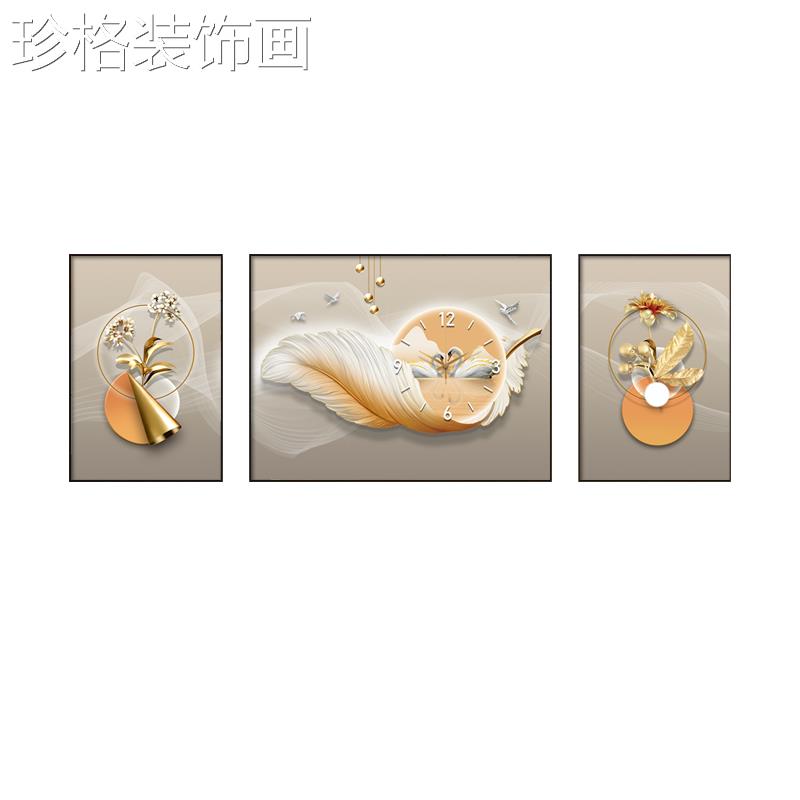 轻奢厅福鹿客装饰画20231020带钟表高级感象沙发背景三联组墙抽合