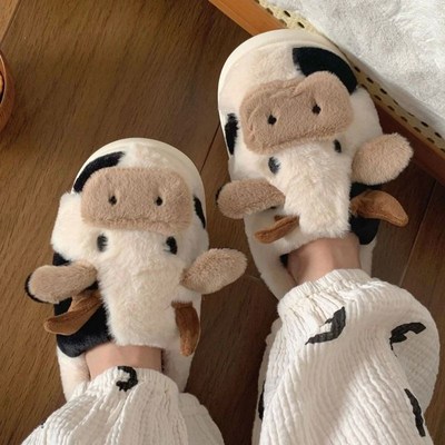 Cute Milk Cow Slippers Women Fluffy Furry Slippers Men 2023