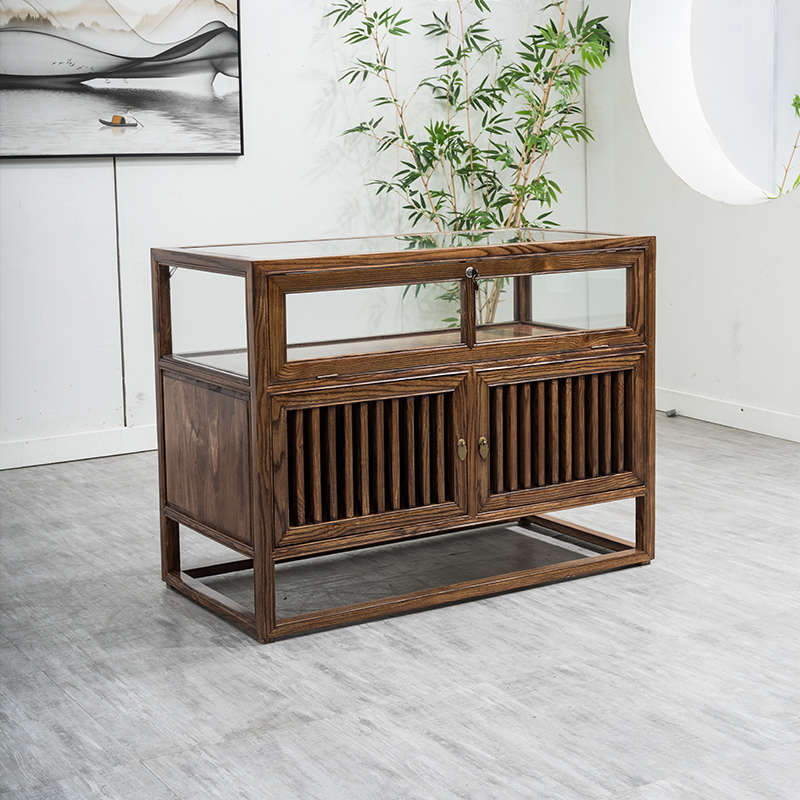 实木珠宝展示柜玉器首饰货柜新中式翡翠陈列柜榆木玻璃展示柜台