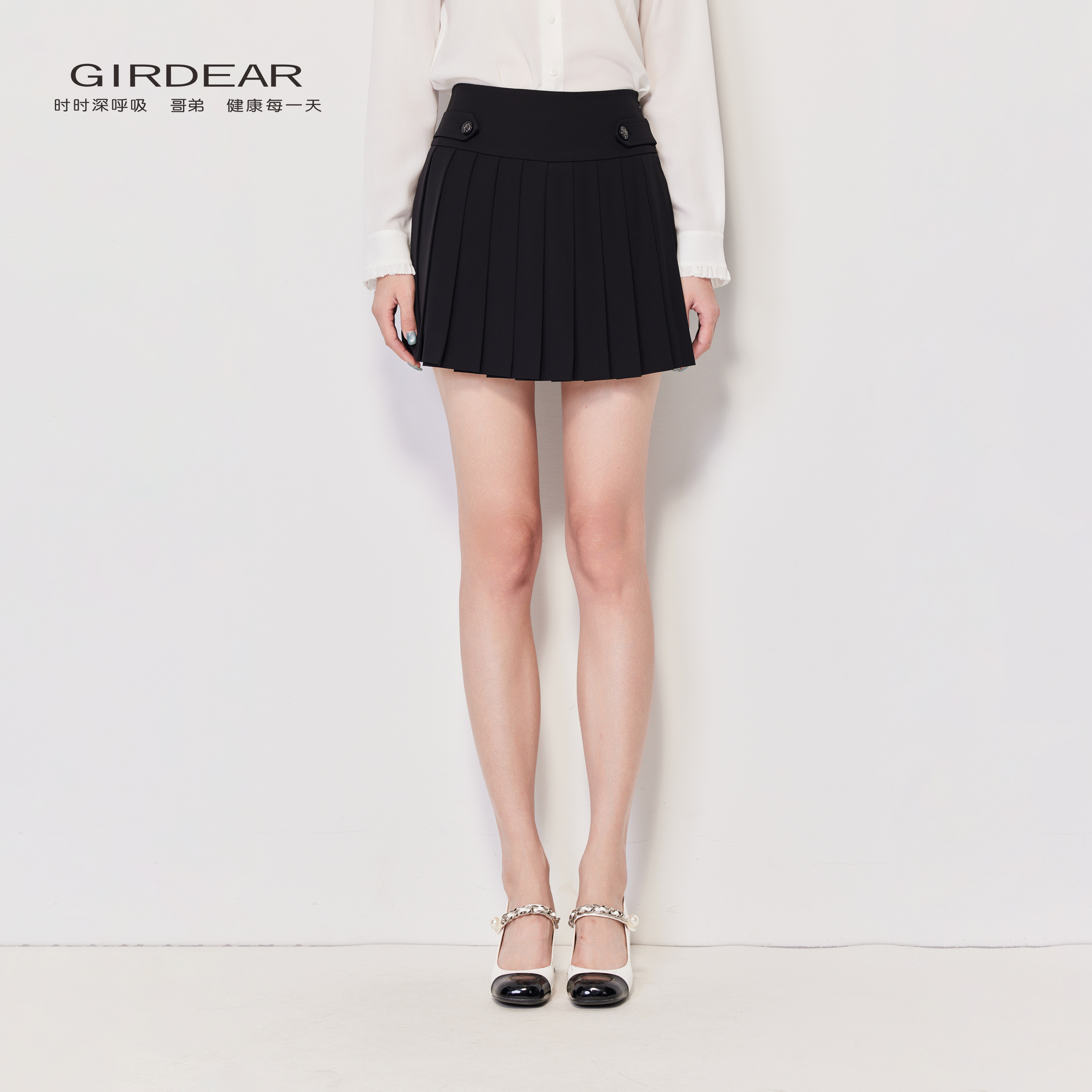 Girdear/哥弟百搭经典优雅减龄高腰显瘦学院风半身百褶裙12