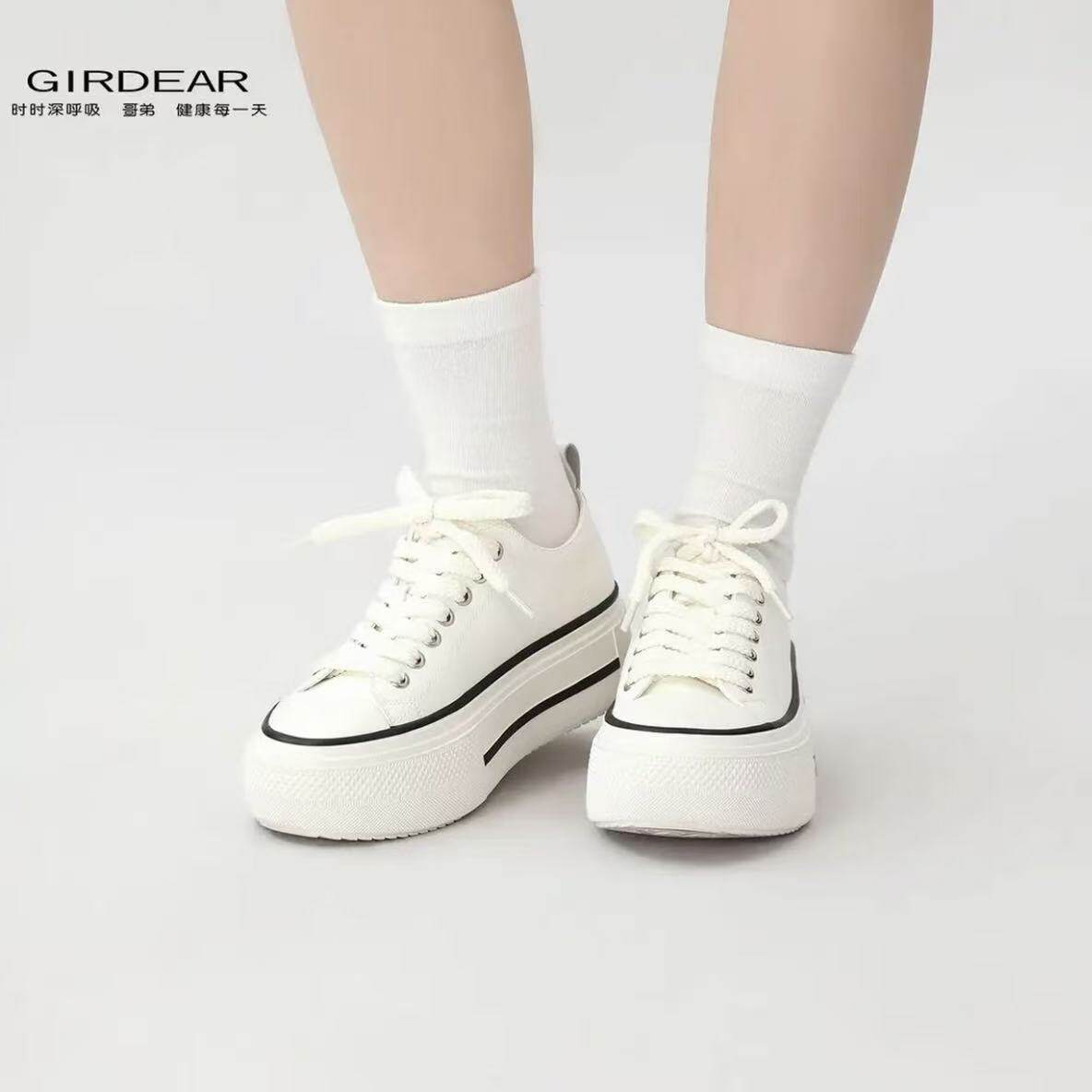Girdear/哥弟厚底帆布鞋女带休闲鞋时尚百搭增高板鞋1700