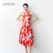 Girdear 哥弟气质无袖 印花连衣裙夏收腰优雅气质花苞中长裙150018