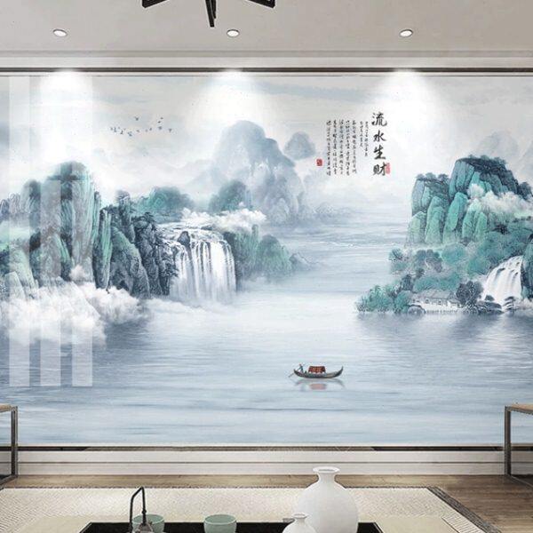 家用现代简约水墨3d意境墙纸8山水画壁纸壁画中式电视背景墙d墙布