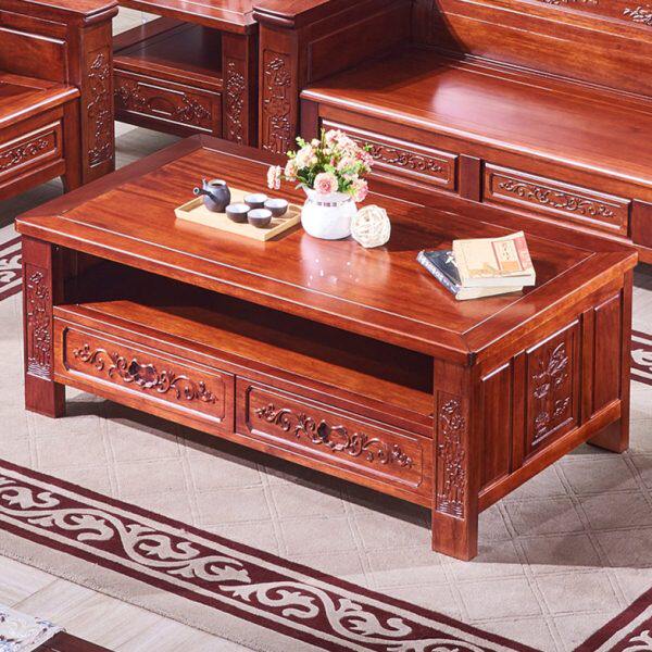 茶台火烧石客厅茶几雕花海棠色红木原木茶桌长方形木全实木新中式