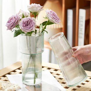 【水培透明两件套条玫瑰花百合网红客厅装饰插花摆件玻璃花瓶】竖