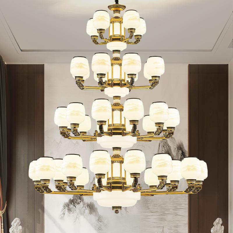 新中式复式楼别墅客厅大吊灯挑空楼中楼中空大厅楼梯大吊灯具禅意