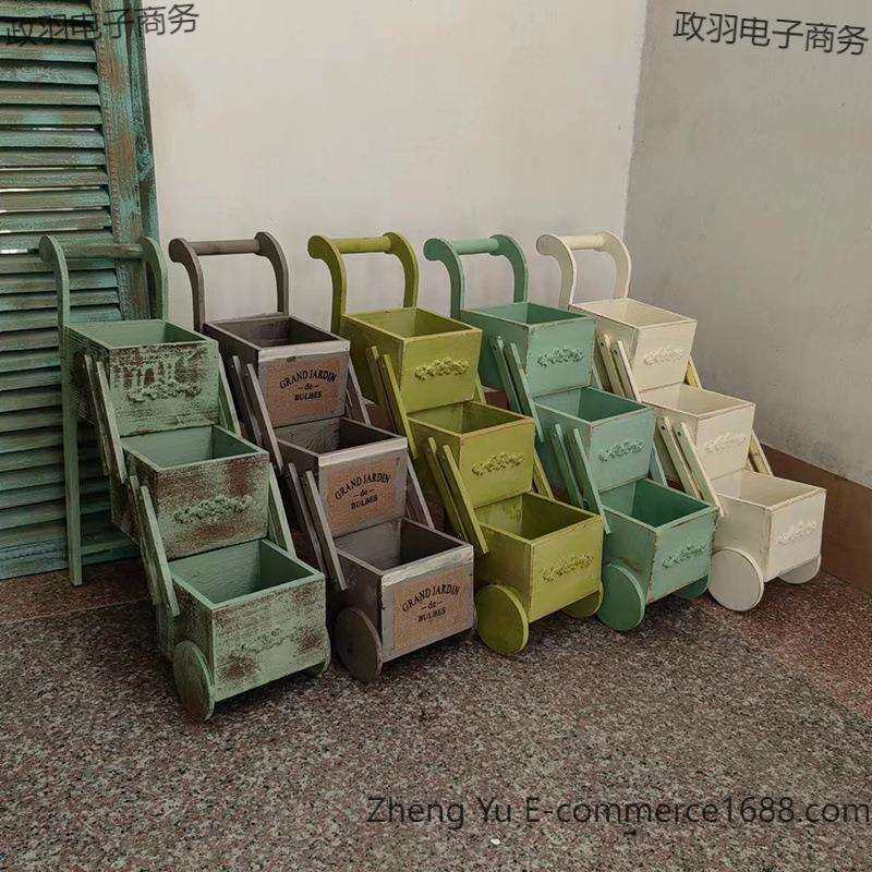 桌面美式乡村多肉花盆花梯小推车迷你杂货做旧摆设实木花园橱窗