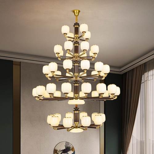 新中式别墅客厅大吊灯全铜实木中国风复式楼挑空跃层楼中楼大厅灯