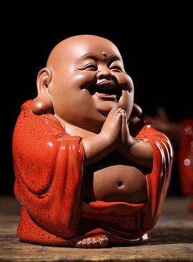 新中式喜庆红弥勒佛摆件客厅玄关书桌博古架佛像装饰茶室桌面摆放