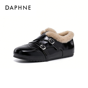 达芙妮女鞋 保暖小皮鞋 加绒休闲鞋 冬季 黑色增高4cm 2025新款 Daphne