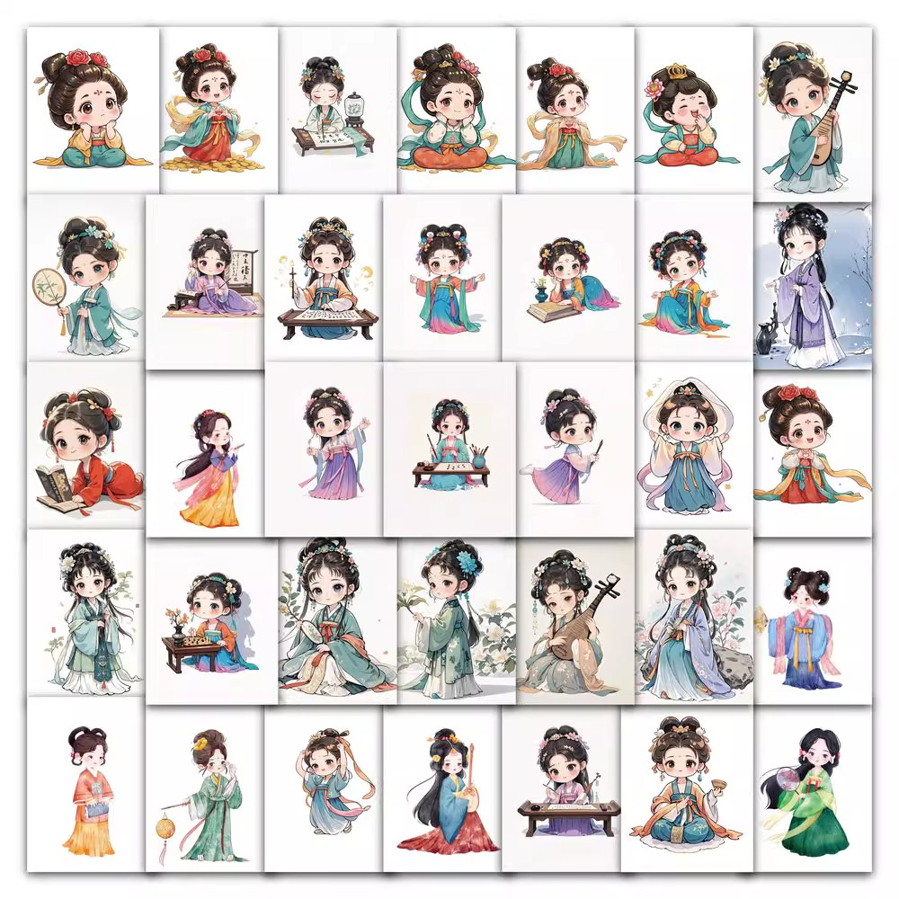 189张可爱女孩古风唐装汉服壁纸创意Q版少女贴纸装饰手账标签贴画