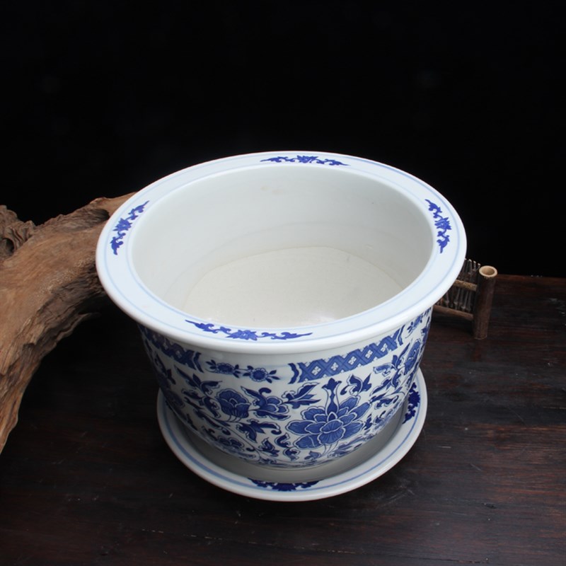 圆形青花陶瓷花盆特大号中式铁树盆家居阳台花卉绿植盆栽花盆有孔