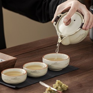 一壶三杯手抓壶盖碗户外便携式 汝窑旅行茶具套装 泡茶快客杯