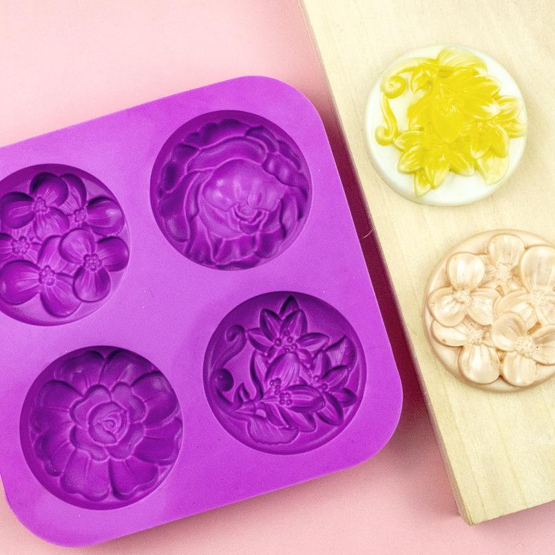 寻味现货 4连不同花硅胶蛋糕模具 厨房烘焙硅胶 DIY手工皂模具
