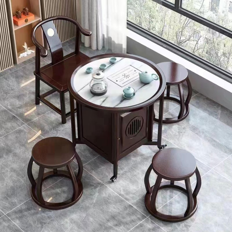 岩阳台休闲茶几实木茶桌椅组合板茶桌移动简约新中式轻奢茶台