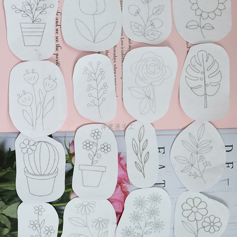 手工刺绣带图水溶贴带背胶纸自粘水溶无纺布打印花草卡通字母图案
