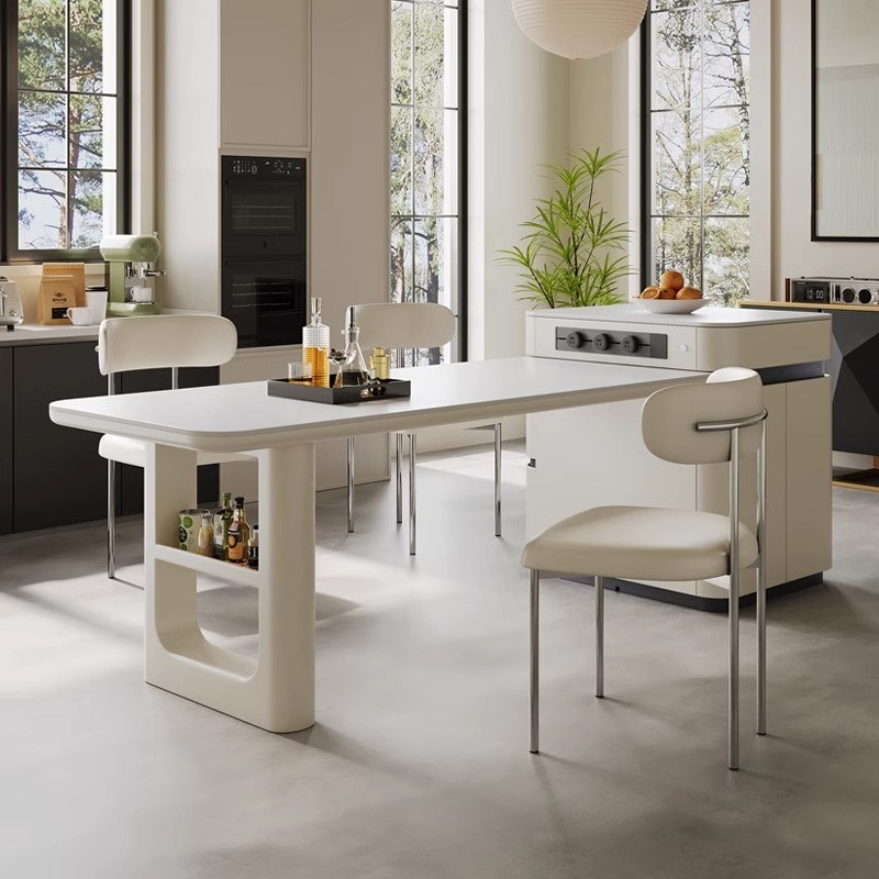 现代简约岩板岛台餐桌一体家用可伸缩带茶盘高级极简茶桌饭桌一体