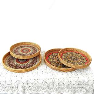 藤木拼接越南藤编托盘日式水果盘双耳藤篮点心篮收纳筐圆形手绘篮