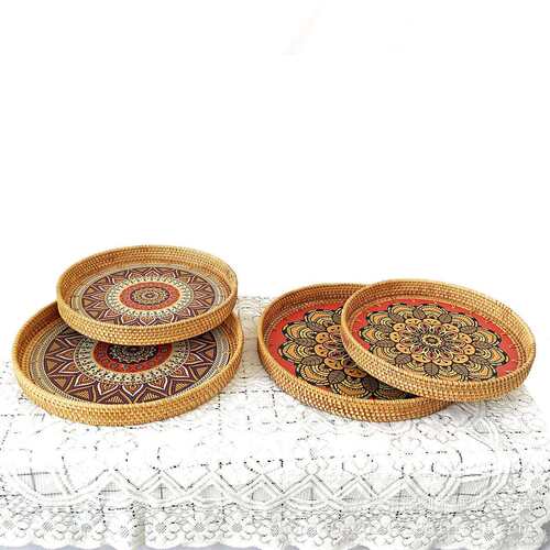 藤木拼接越南藤编托盘日式水果盘双耳藤篮点心篮收纳筐圆形手绘篮