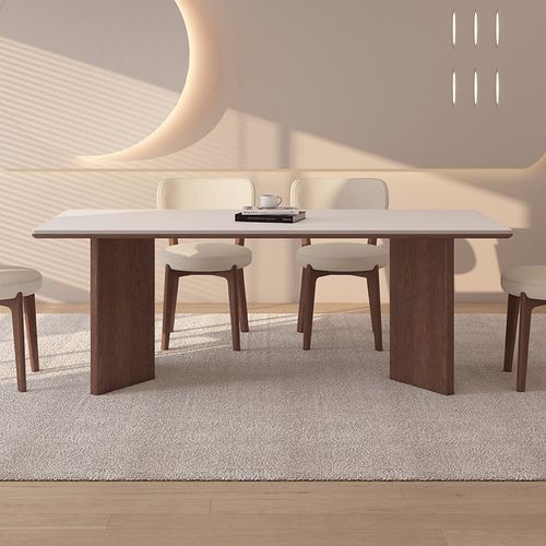 德利丰实木岩板餐桌家用小户型中古风高端胡桃色长方形全托饭桌子