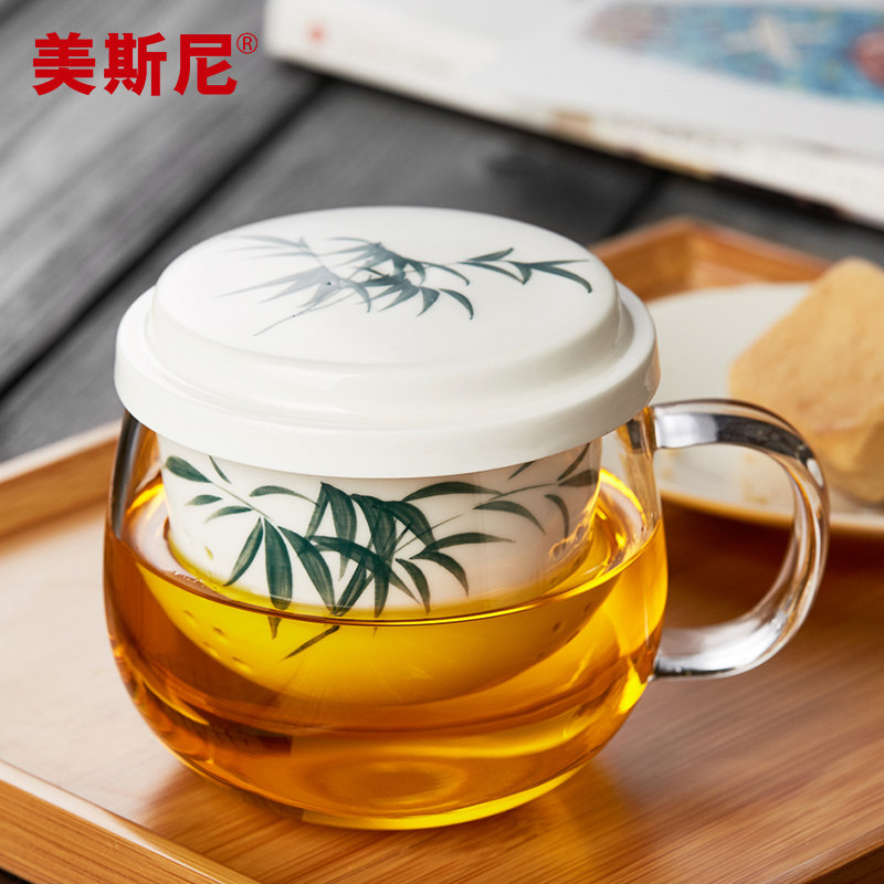 美斯尼玻璃茶杯陶瓷过滤水杯加厚男女士花茶杯透明带盖耐热泡茶杯